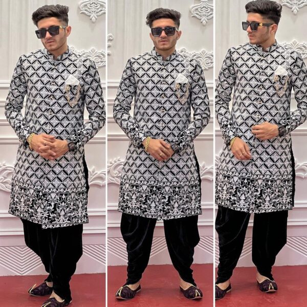Groom Special Latest And Trendding Designer Laxury Sharukh Khan Styl Sherwani With Dhoti Set - Image 6