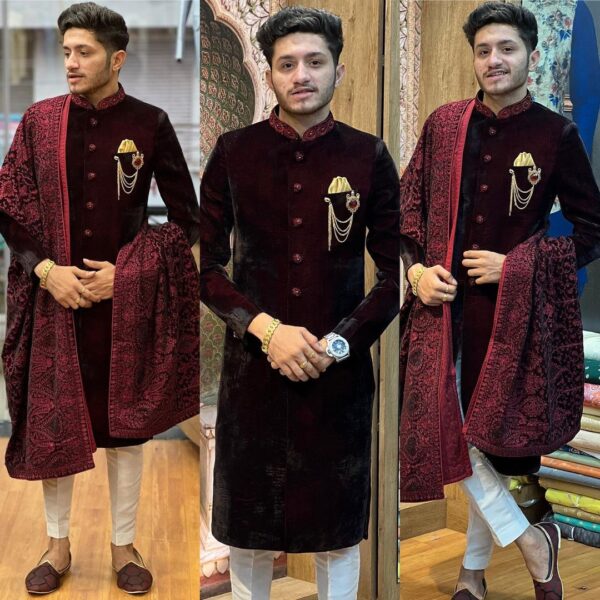Wedding Special Velvet Sherwani With Pent And Shawl
