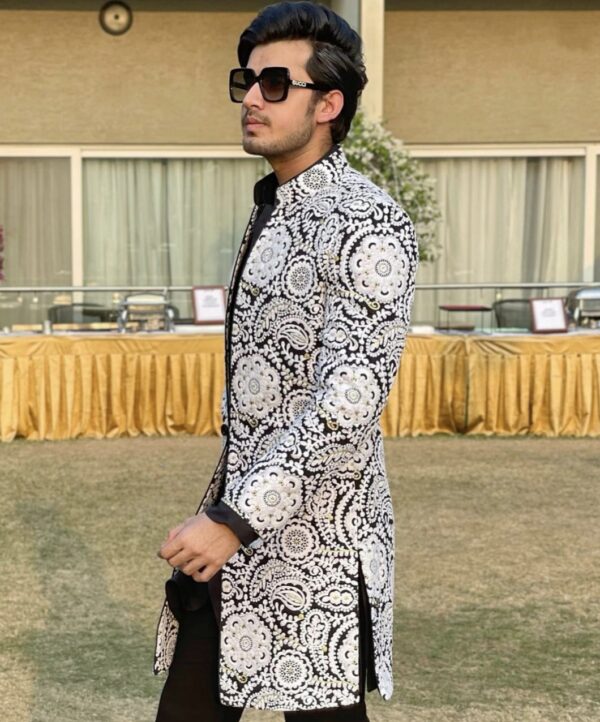 White Open Shrug With Black Indowestern With Black Pent [ 3pice Sherwani Set ] - Image 2