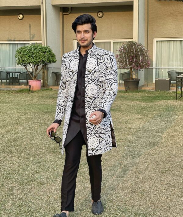 White Open Shrug With Black Indowestern With Black Pent [ 3pice Sherwani Set ]