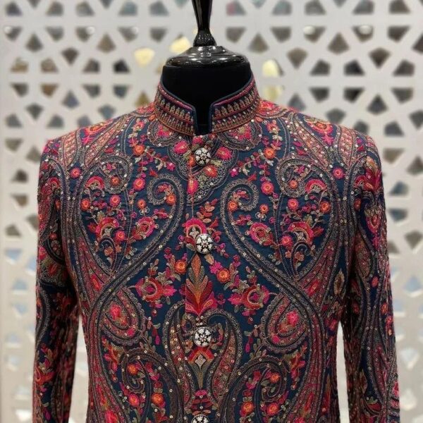 Wedding Special Trendding Design Embroidery Work Sherwani With Pent - Image 2