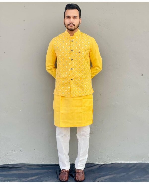 Trendding Design Haldi Special Kurta Pajama With Nehru Jacket Set