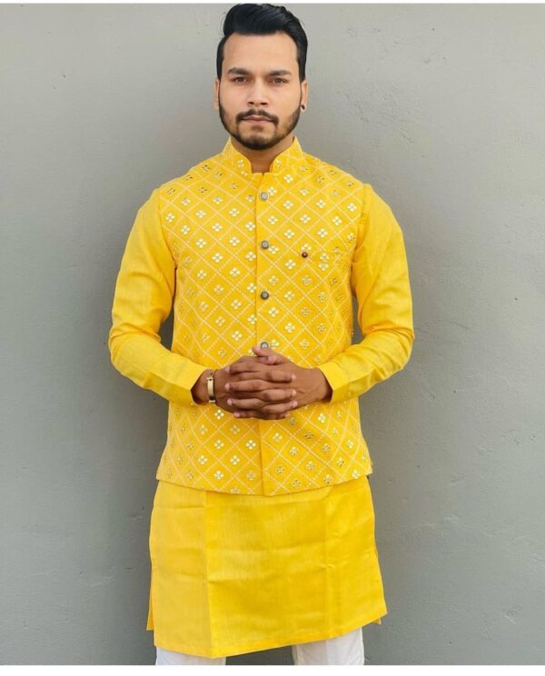 Trendding Design Haldi Special Kurta Pajama With Nehru Jacket Set - Image 2