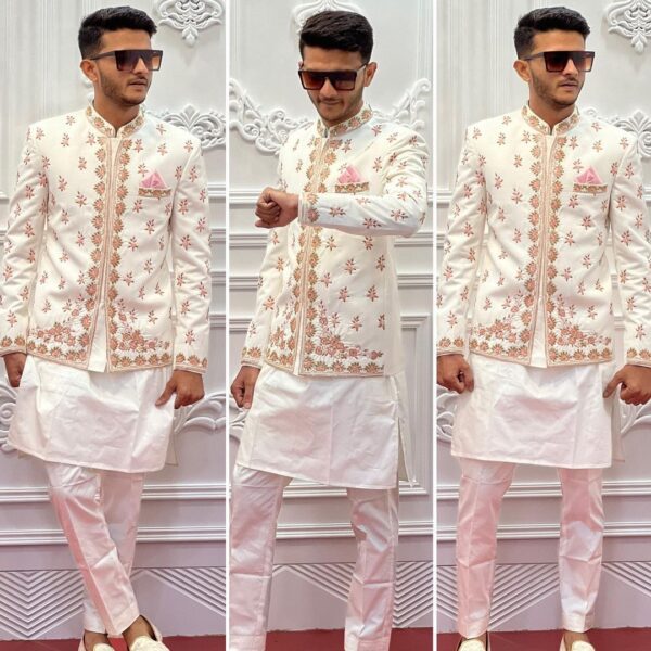 White Kurta Pajama With A Trendding Design Embroidery Work Jacket Set