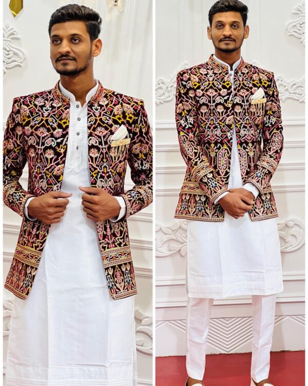 Wedding Special And Trendding Design White Kurta Pajama With Wine Velvet Jacket Set