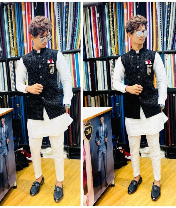 Wedding Special And Trendding Design White Kurta Pajama With A Black Nehru Jacket